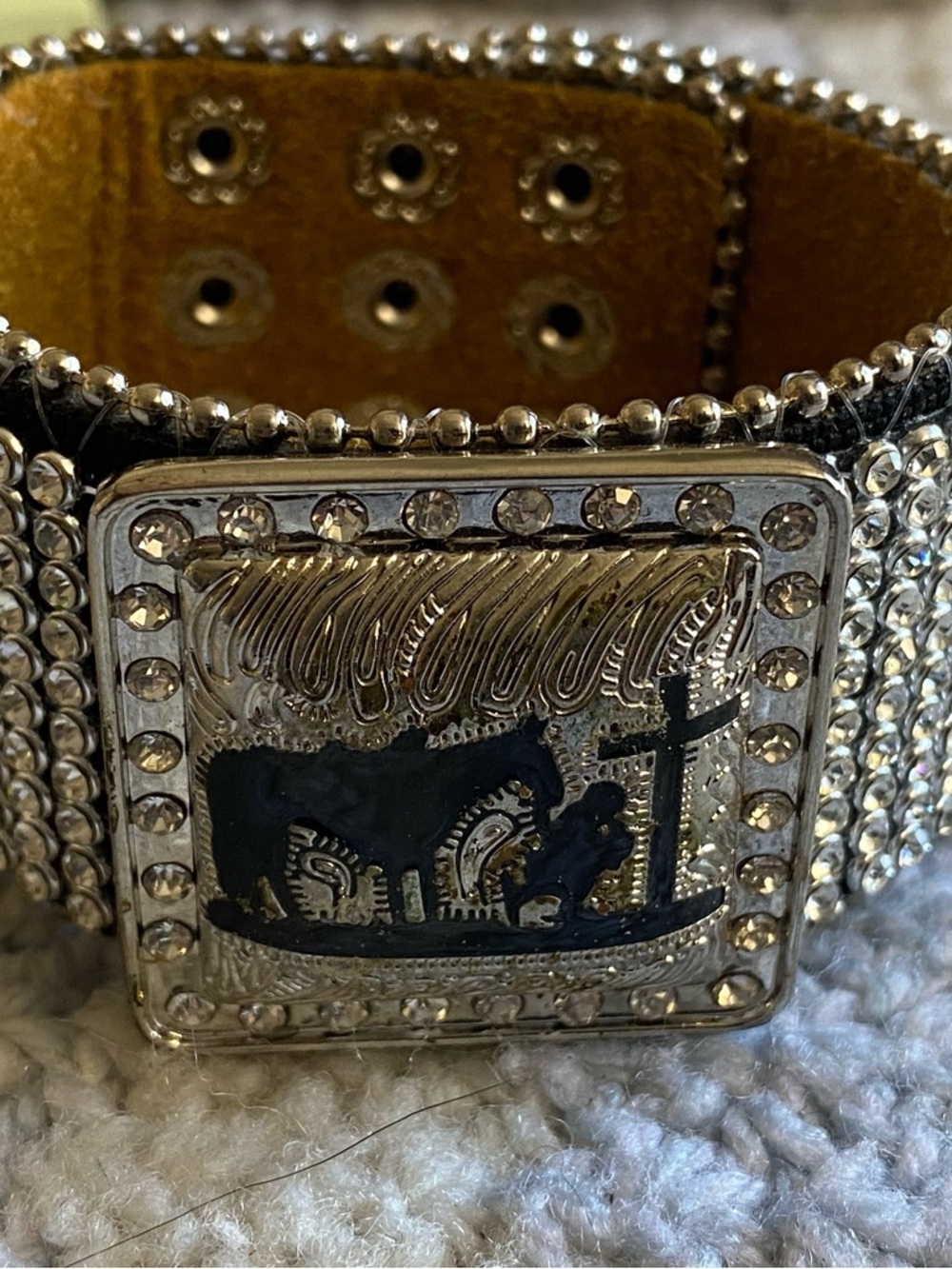 Cowgirl rhinestones praying cowboy Western leather Cuff Bracelet - Black